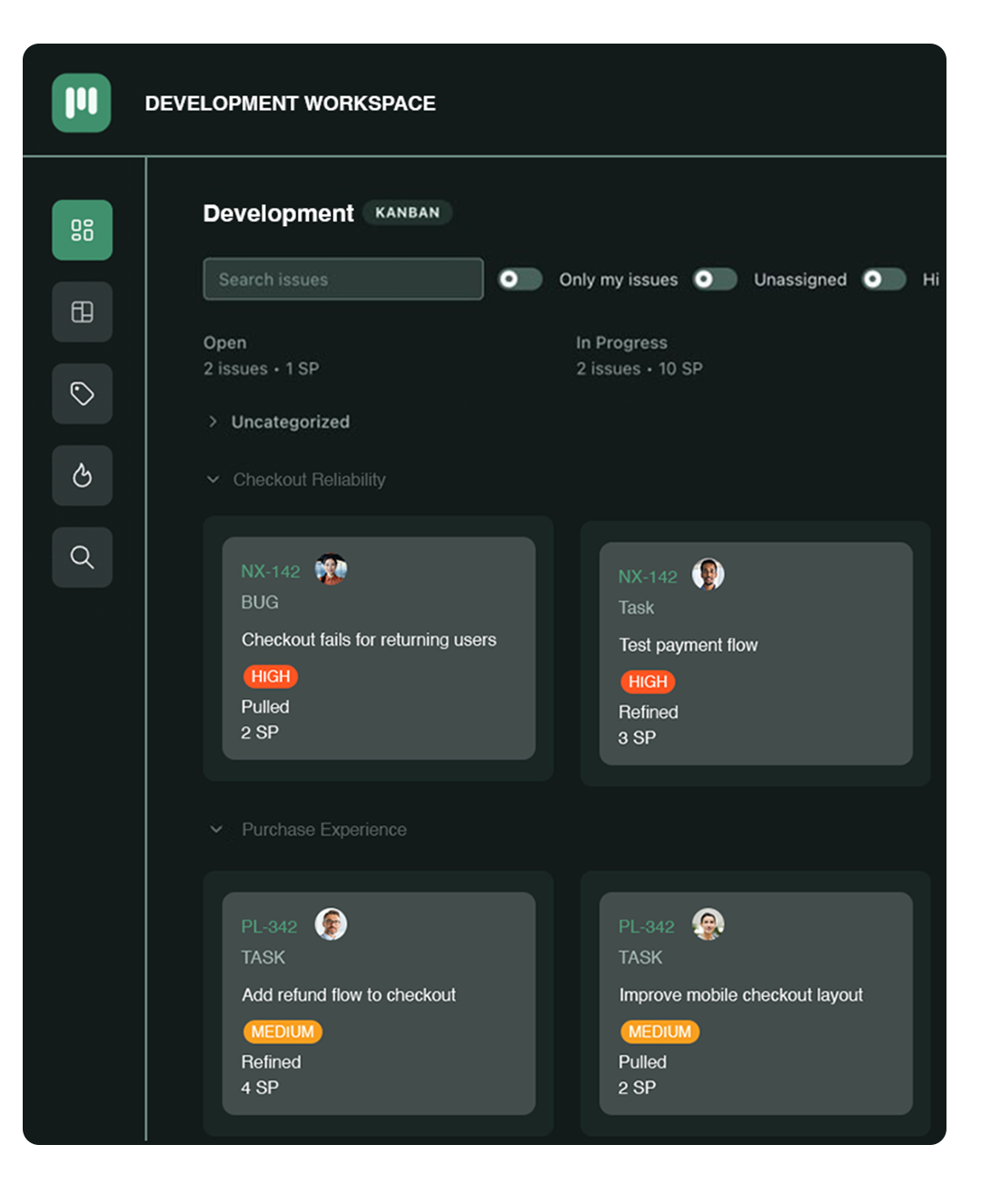 Kanban board with swimlanes, sprints, and issue tracking in Ouraboard