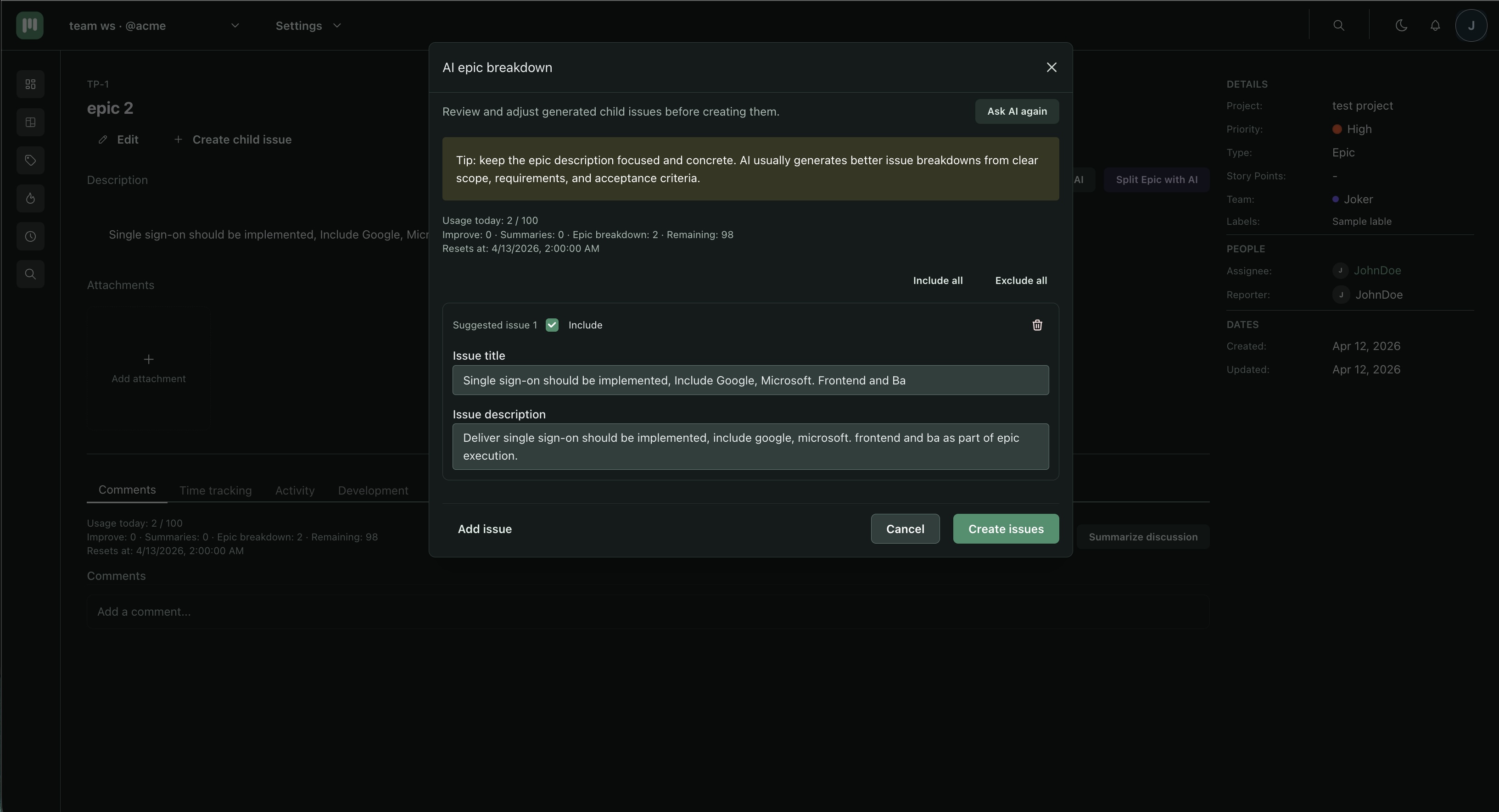 Issue page showing the Improve with AI button and the preview modal with suggested text