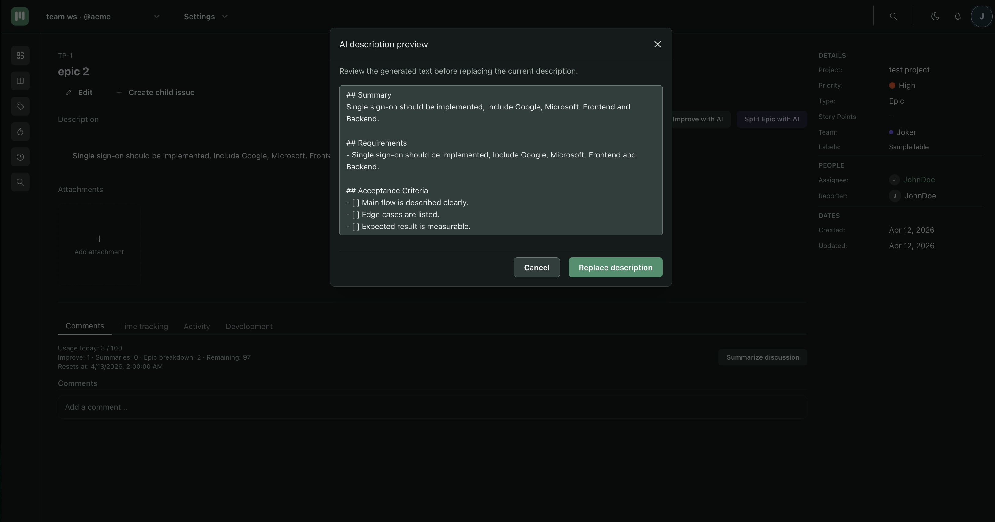 Split Epic modal showing generated child issue drafts with include toggles and a Create issues button