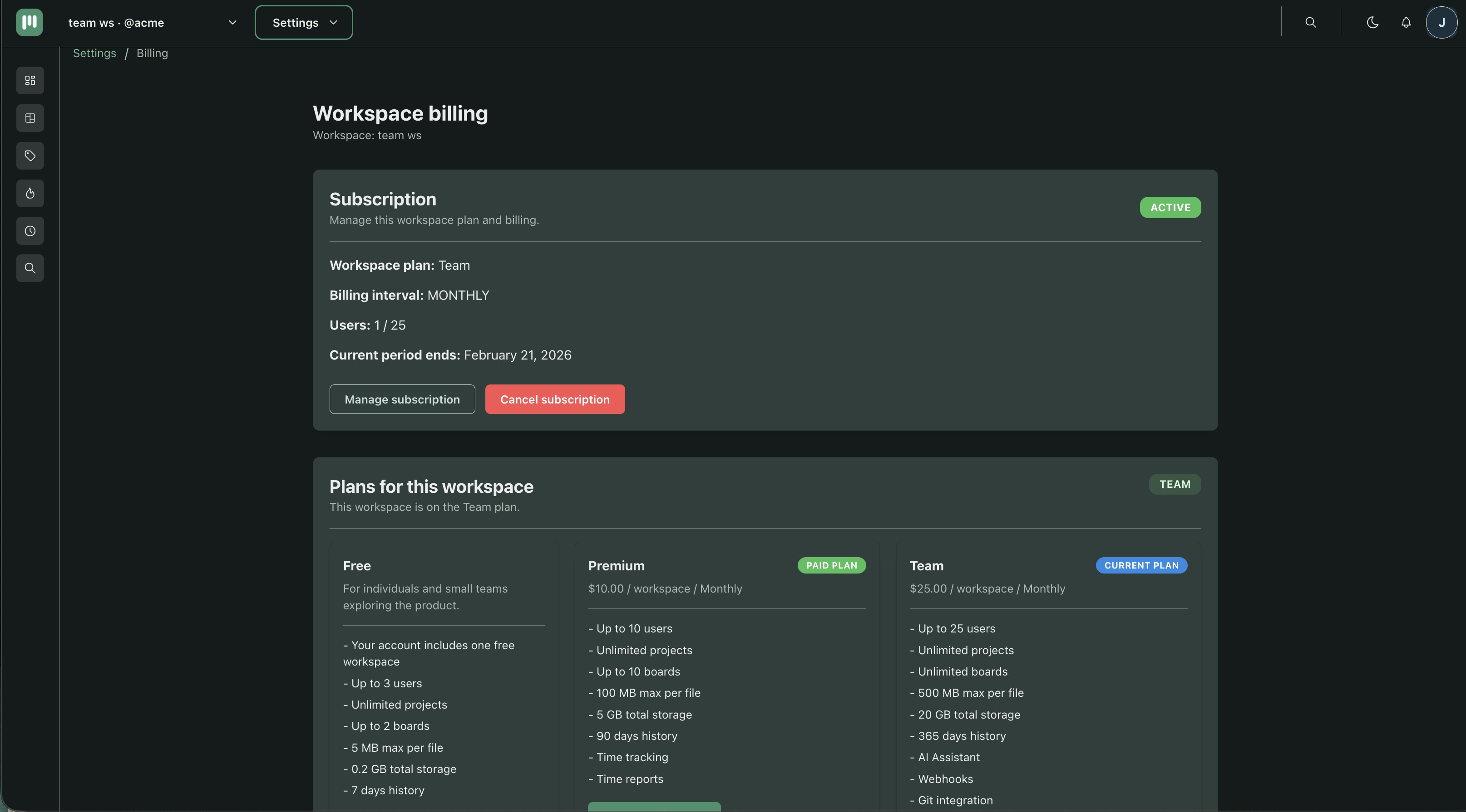 Workspace billing settings page showing the current plan and upgrade button