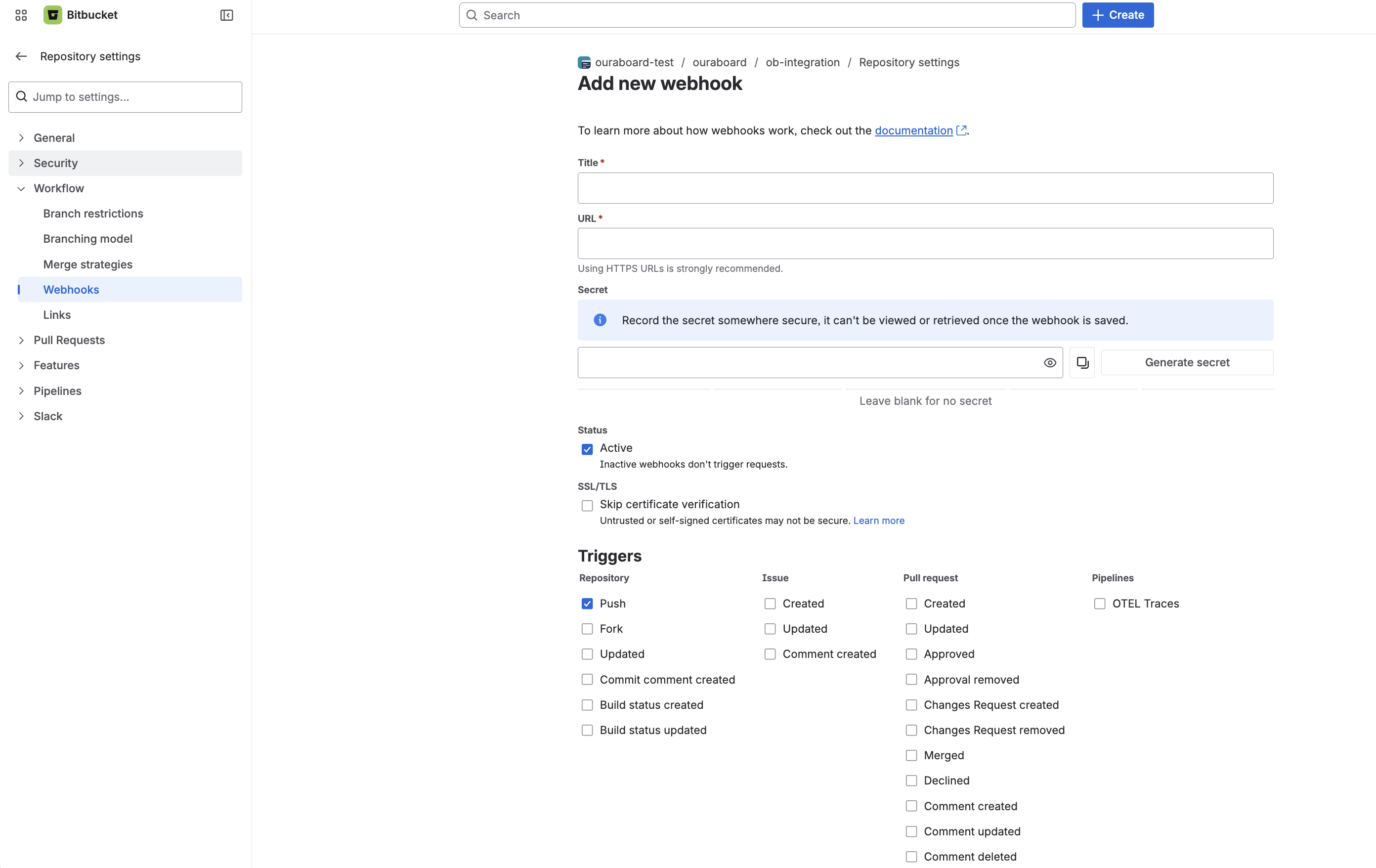 Bitbucket add new webhook form
