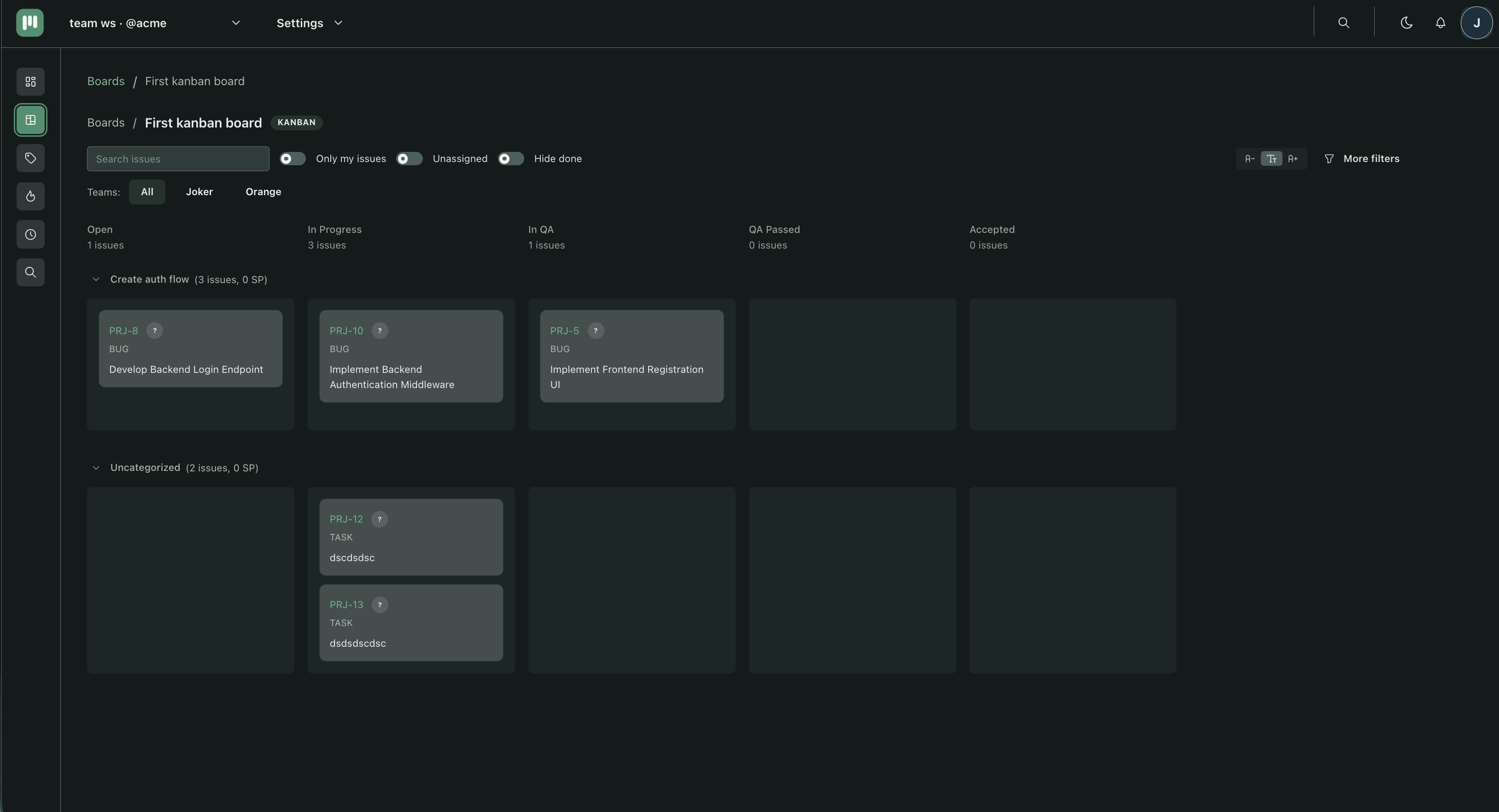 Kanban board showing columns with issue cards