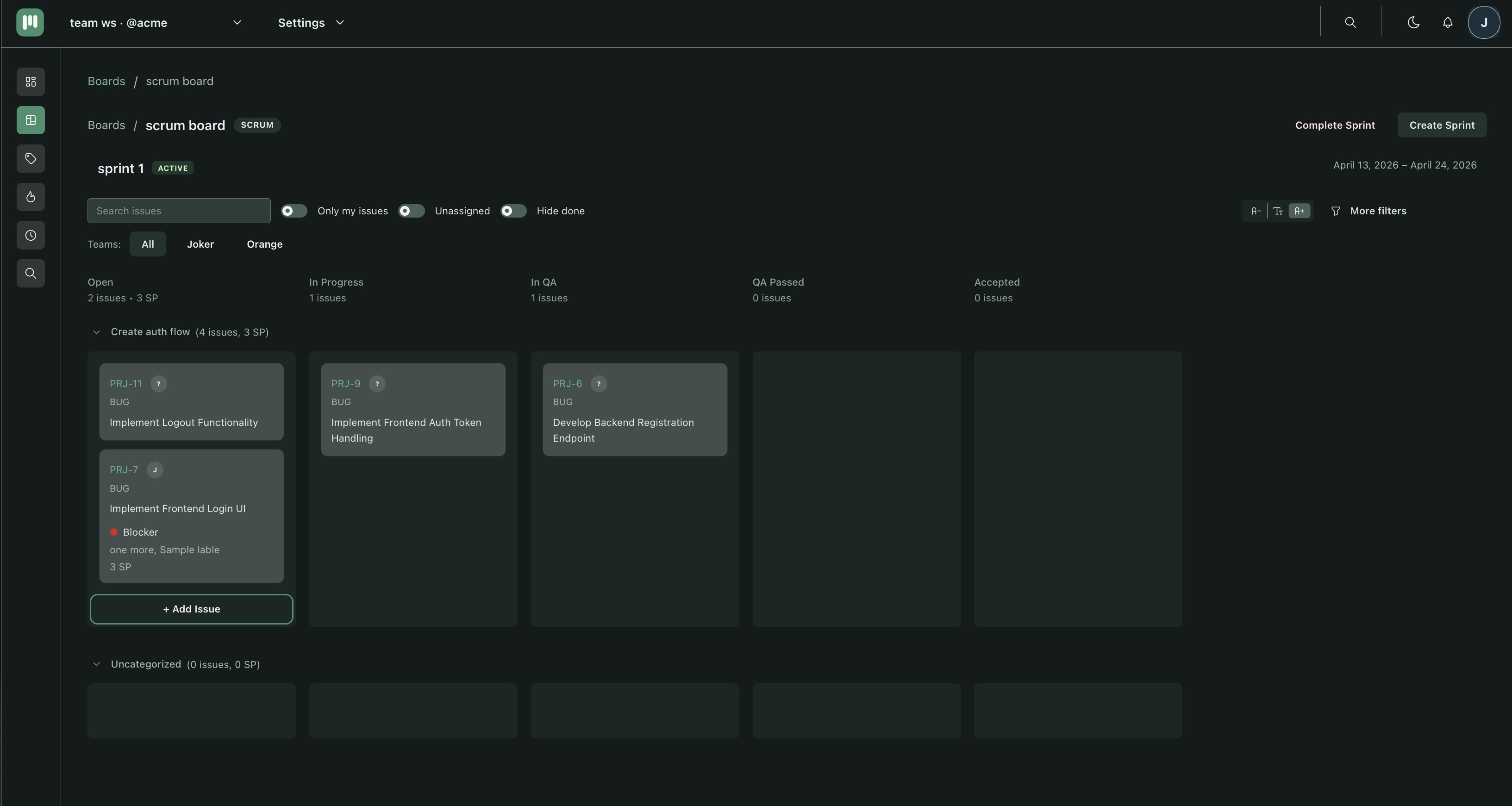 Scrum board showing the active sprint header with sprint name, dates, and Complete sprint button