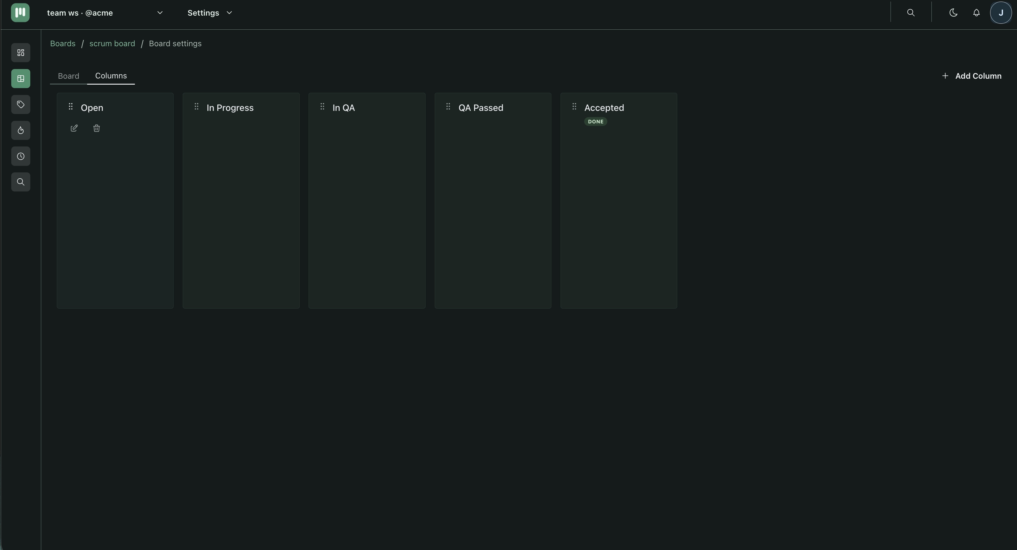 Workspace Settings Board columns page showing a list of columns with drag handles and edit/delete actions