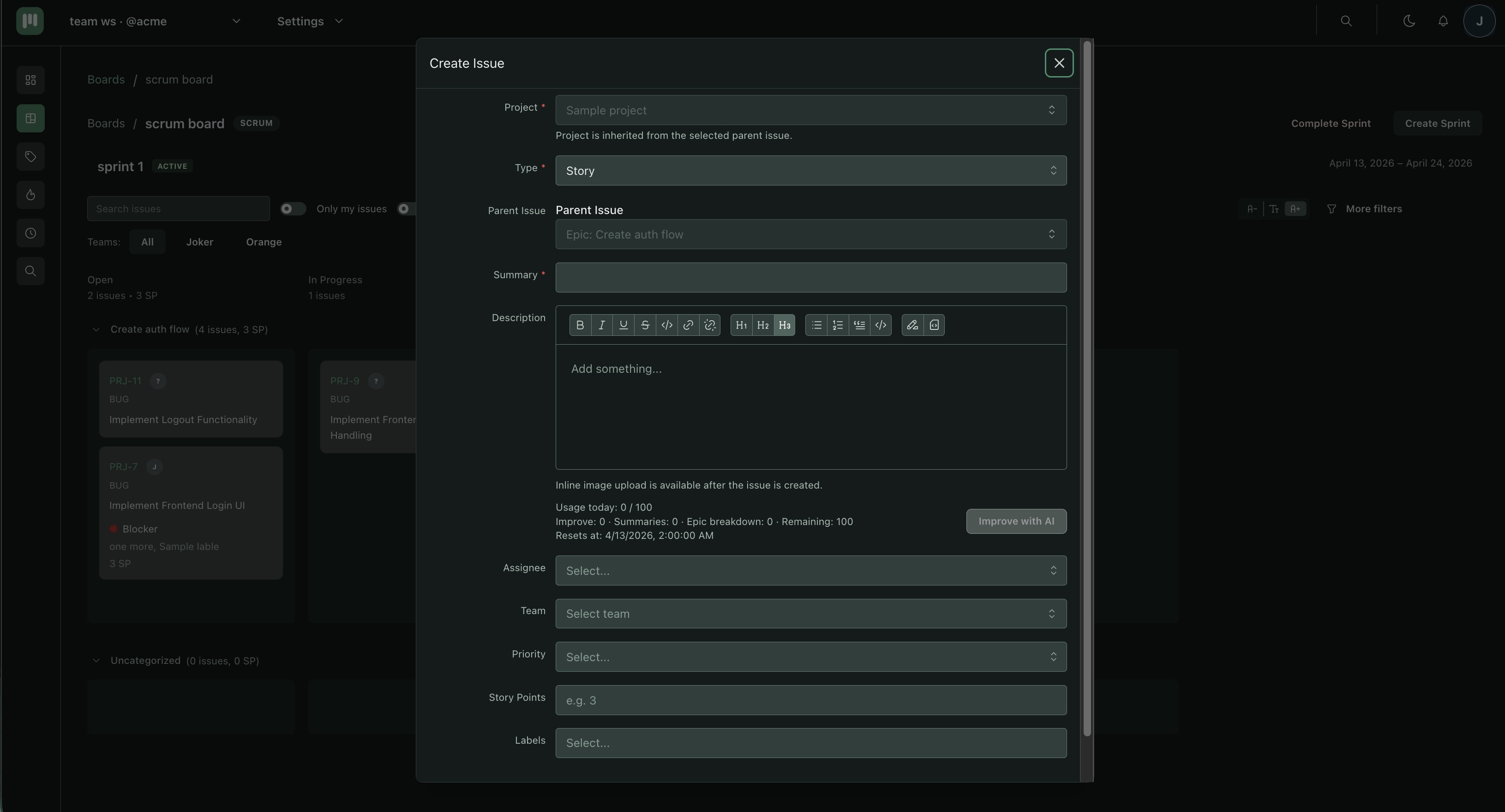 New issue form showing Title, Assignee, Priority, Type, and Labels fields