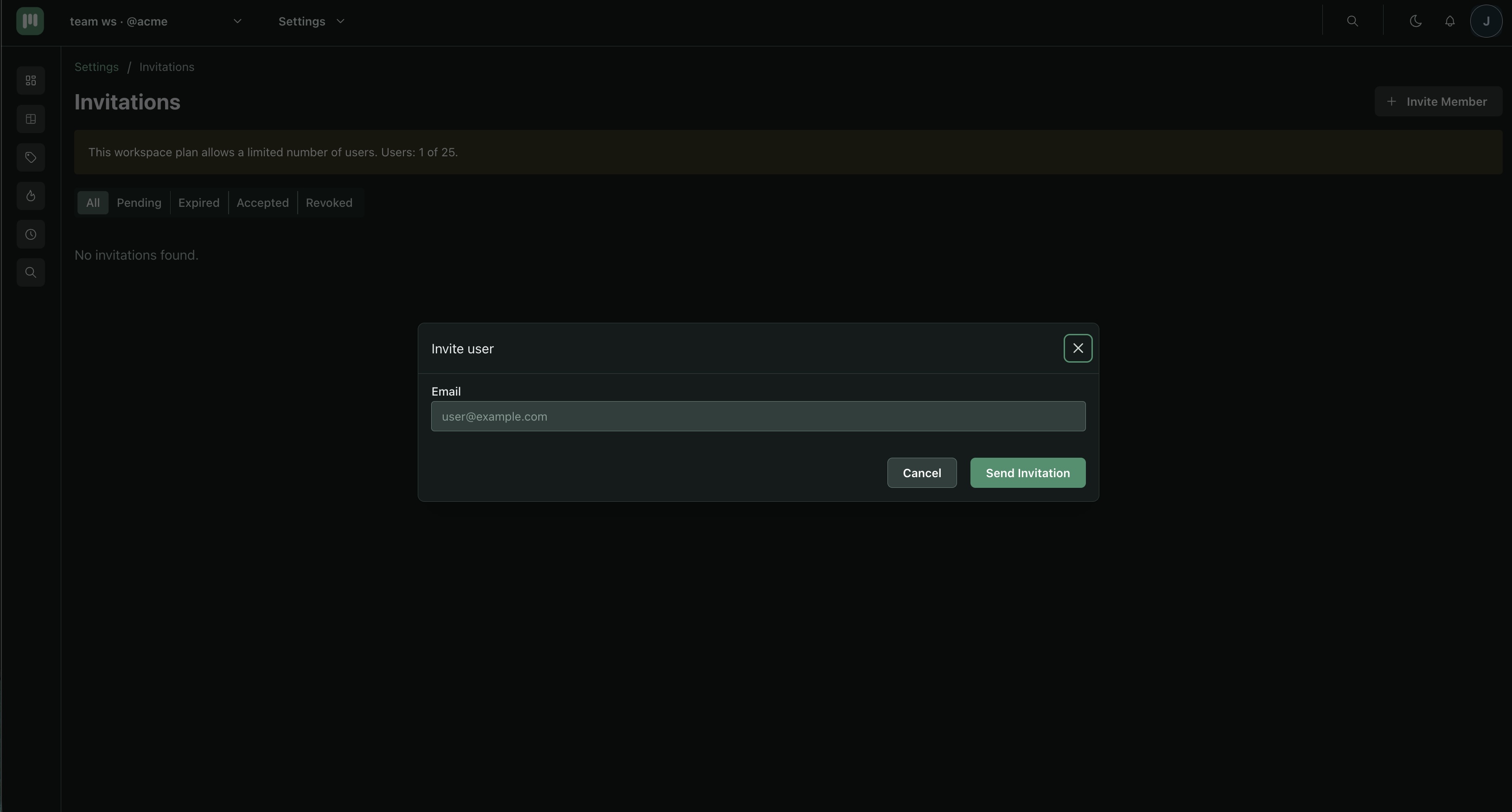 Members settings page with invite form open showing email field and role selector