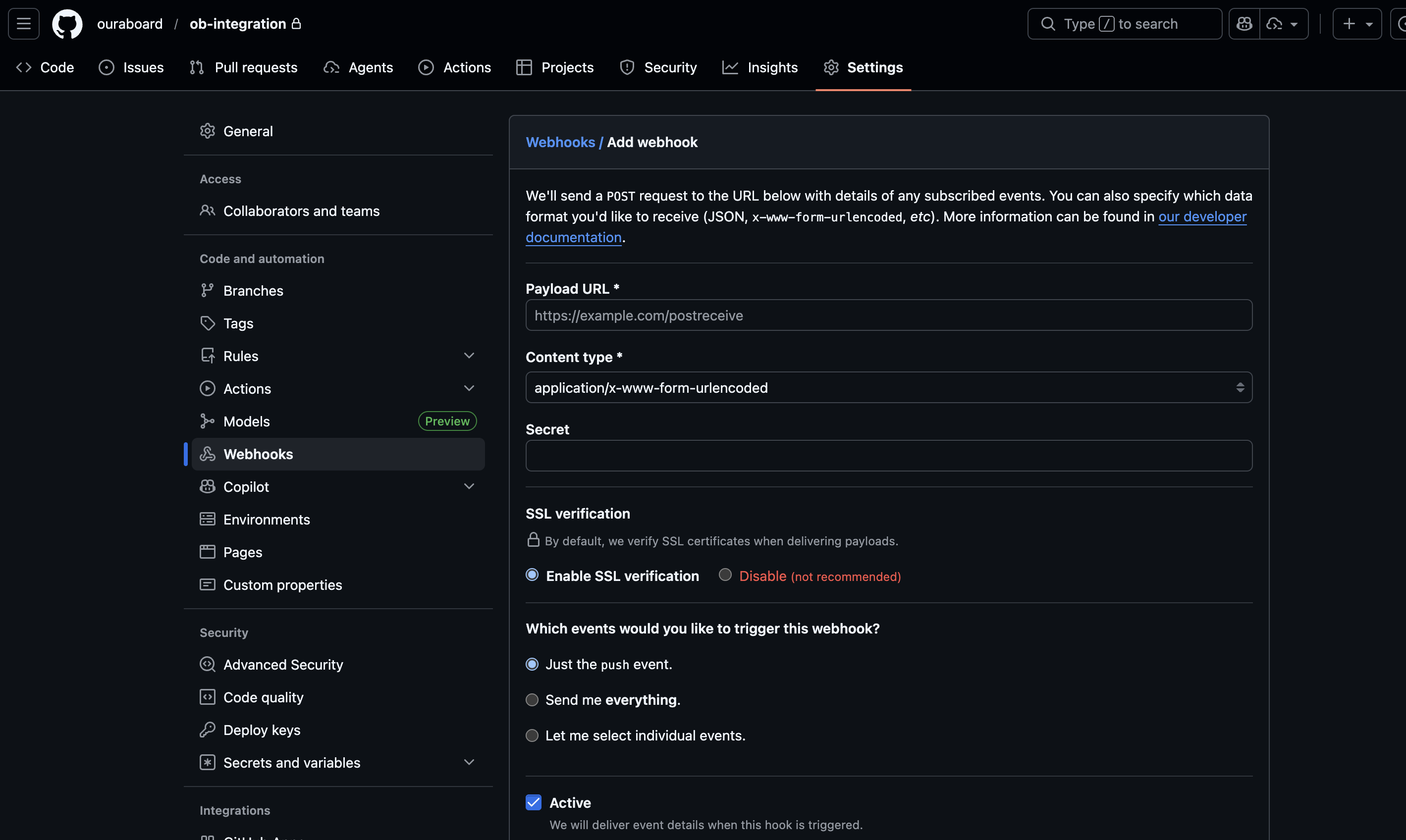 GitHub repository webhook form