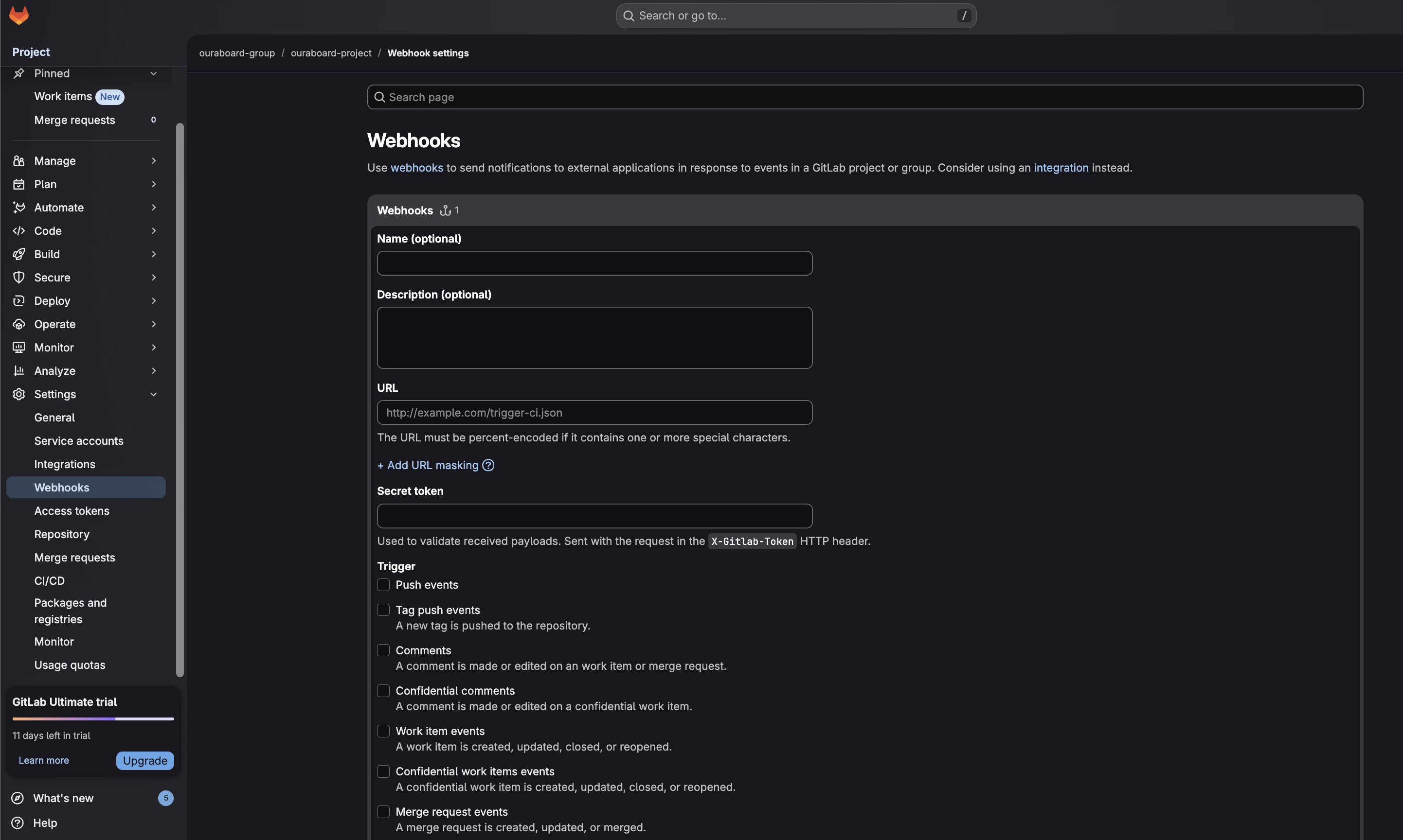 GitLab project webhook settings form