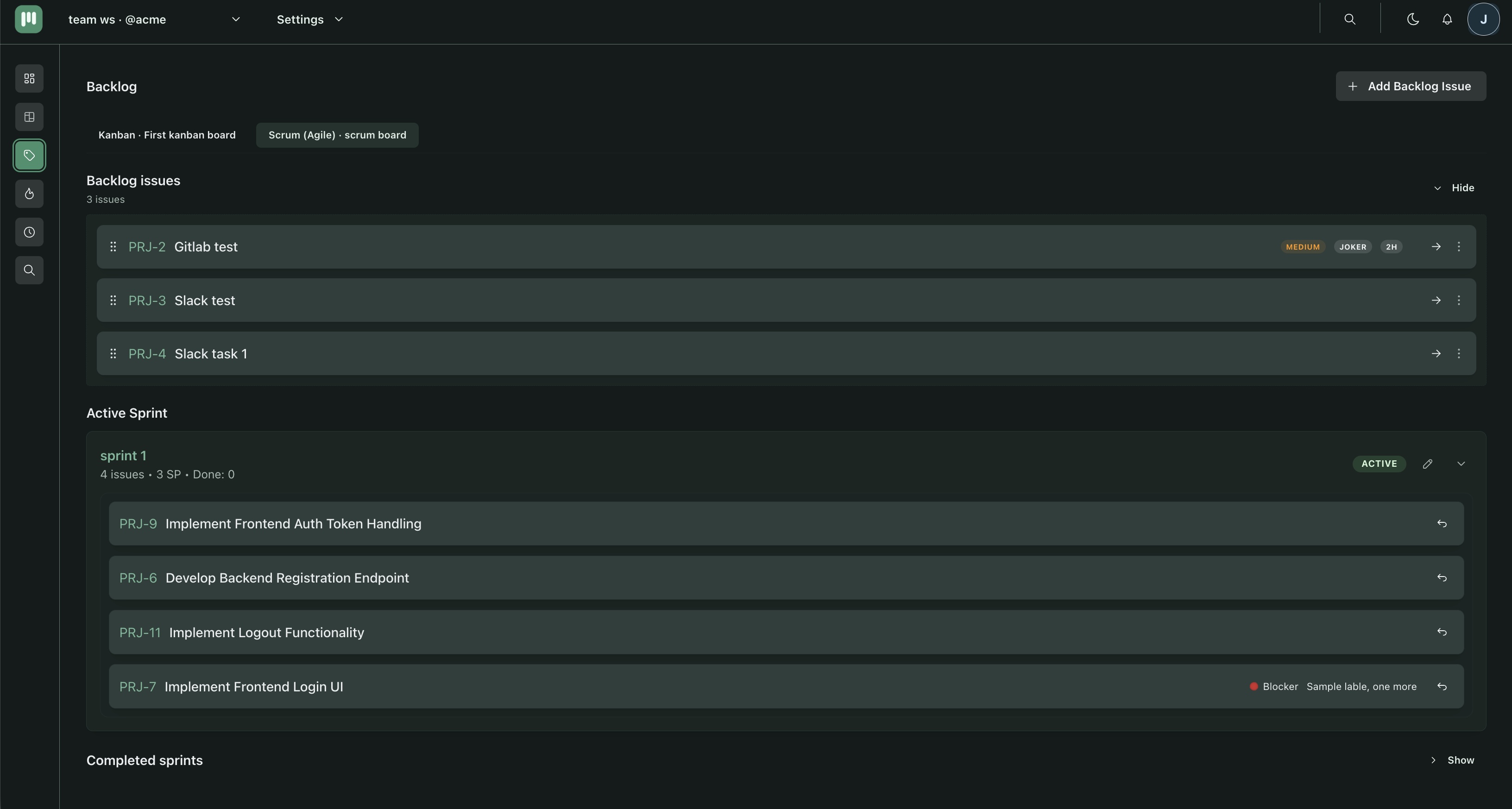Backlog page with an issue row hovered, showing the Move to board quick action button