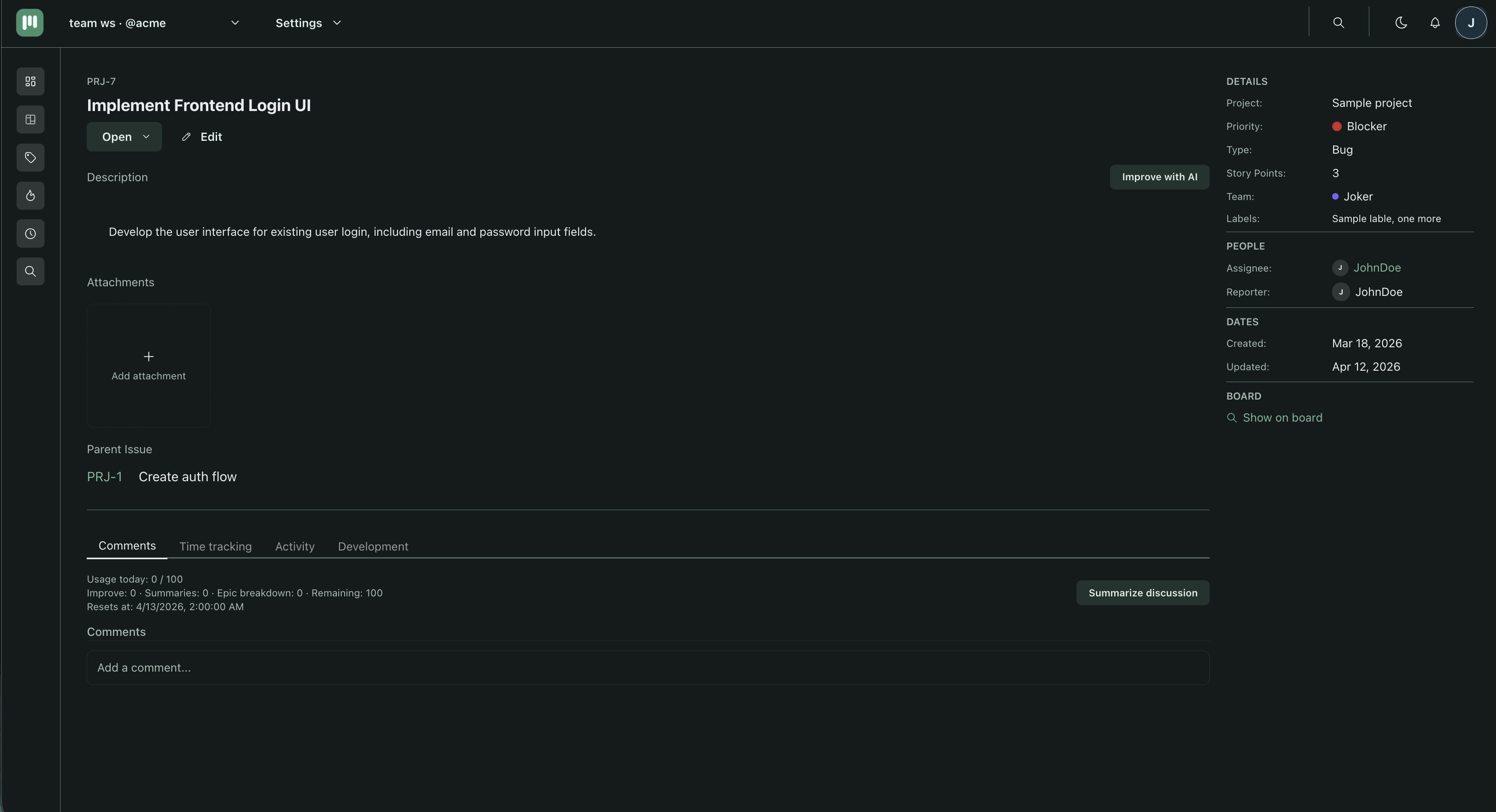 Issue detail page showing title and description on the left, and field sidebar on the right