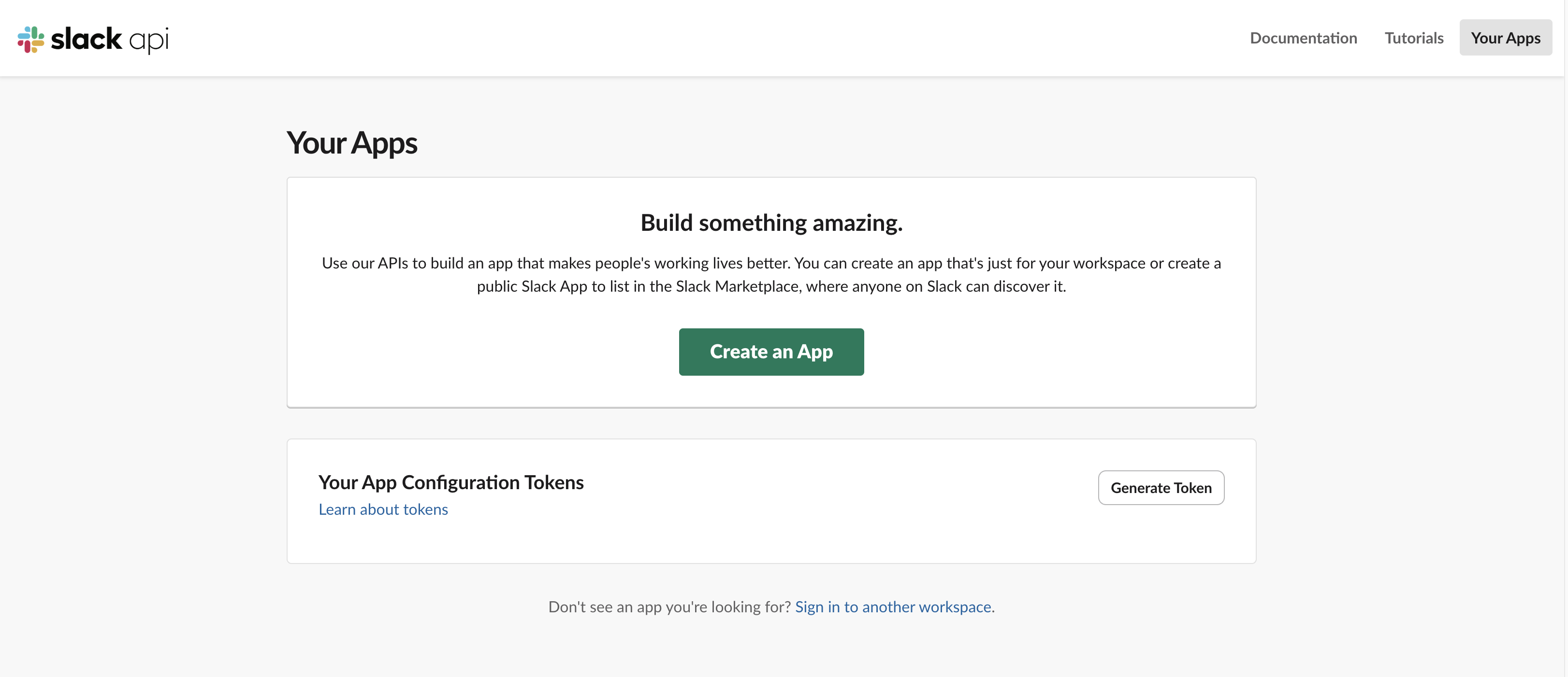 Slack API Your Apps page with Create an App button