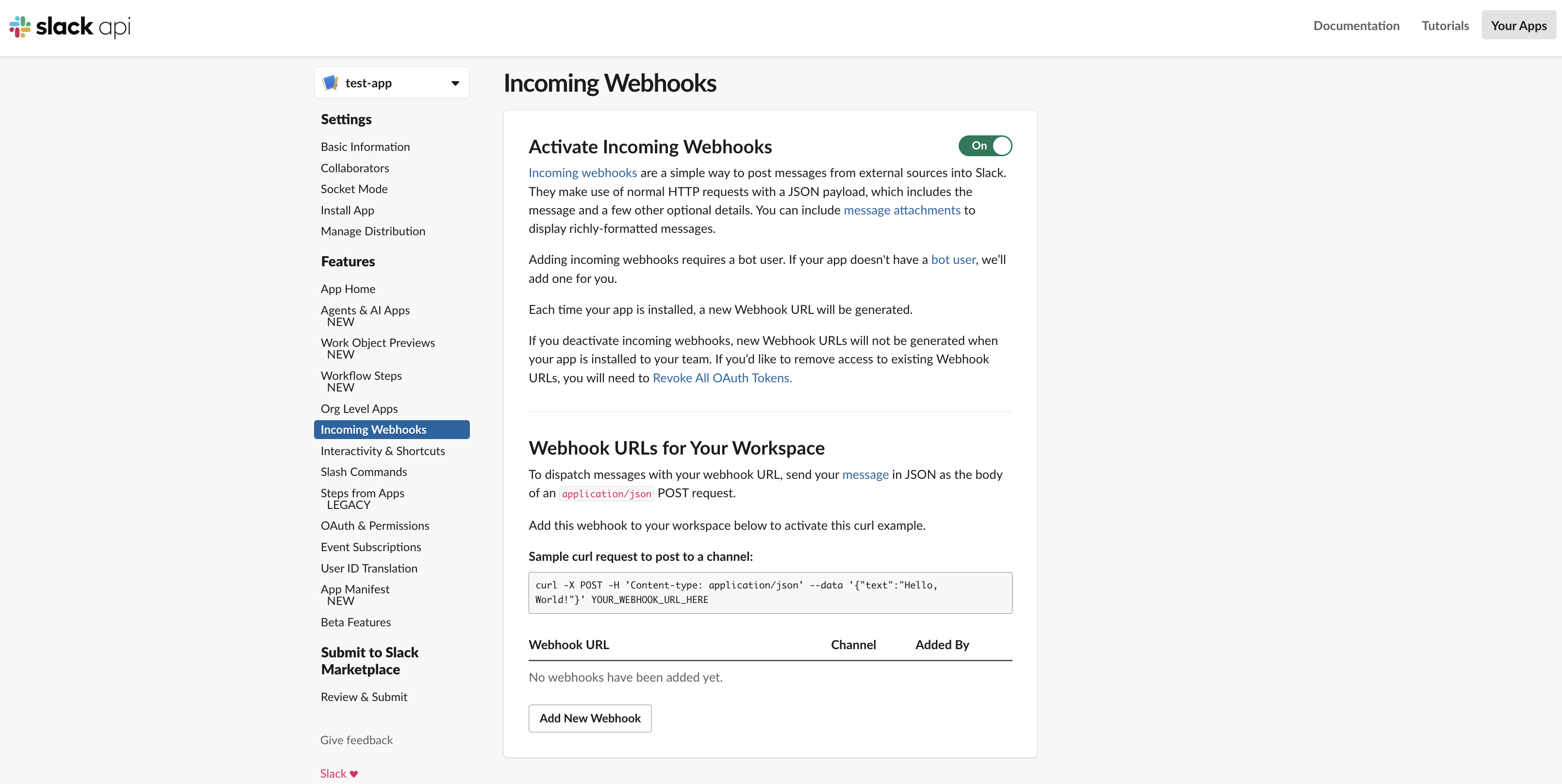 Slack app Incoming Webhooks page with toggle enabled
