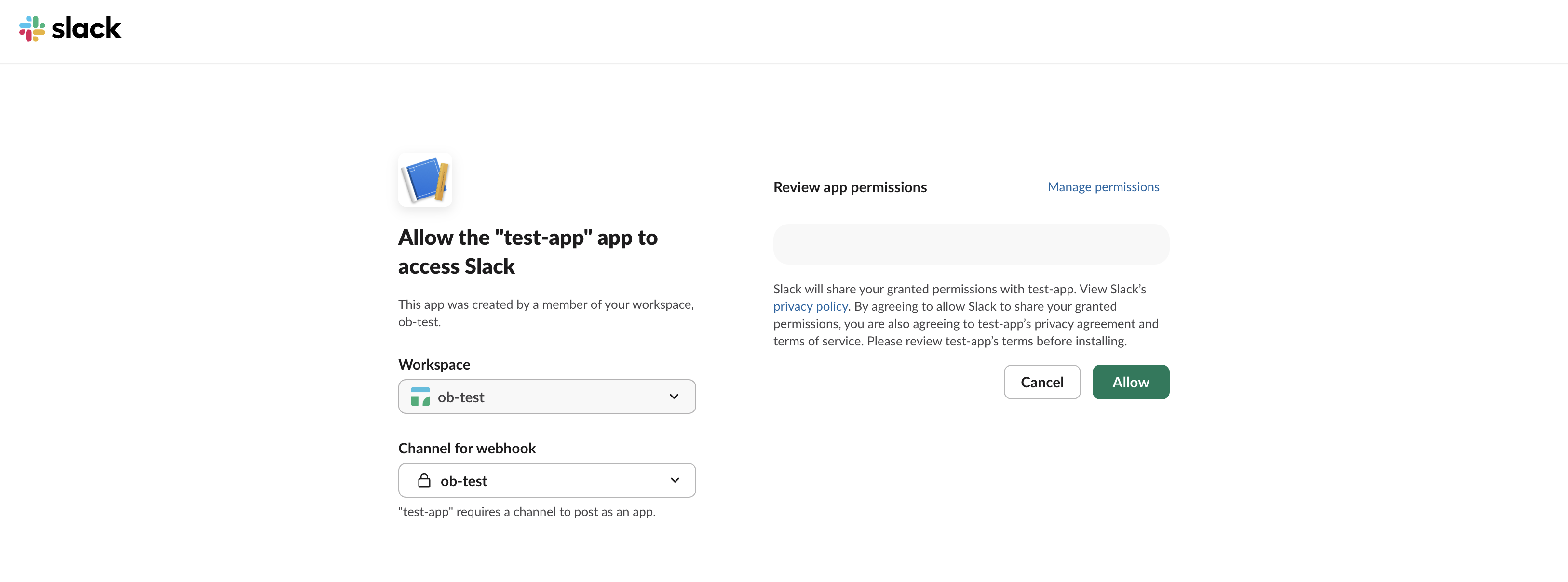 Slack OAuth authorization page with workspace and channel selected