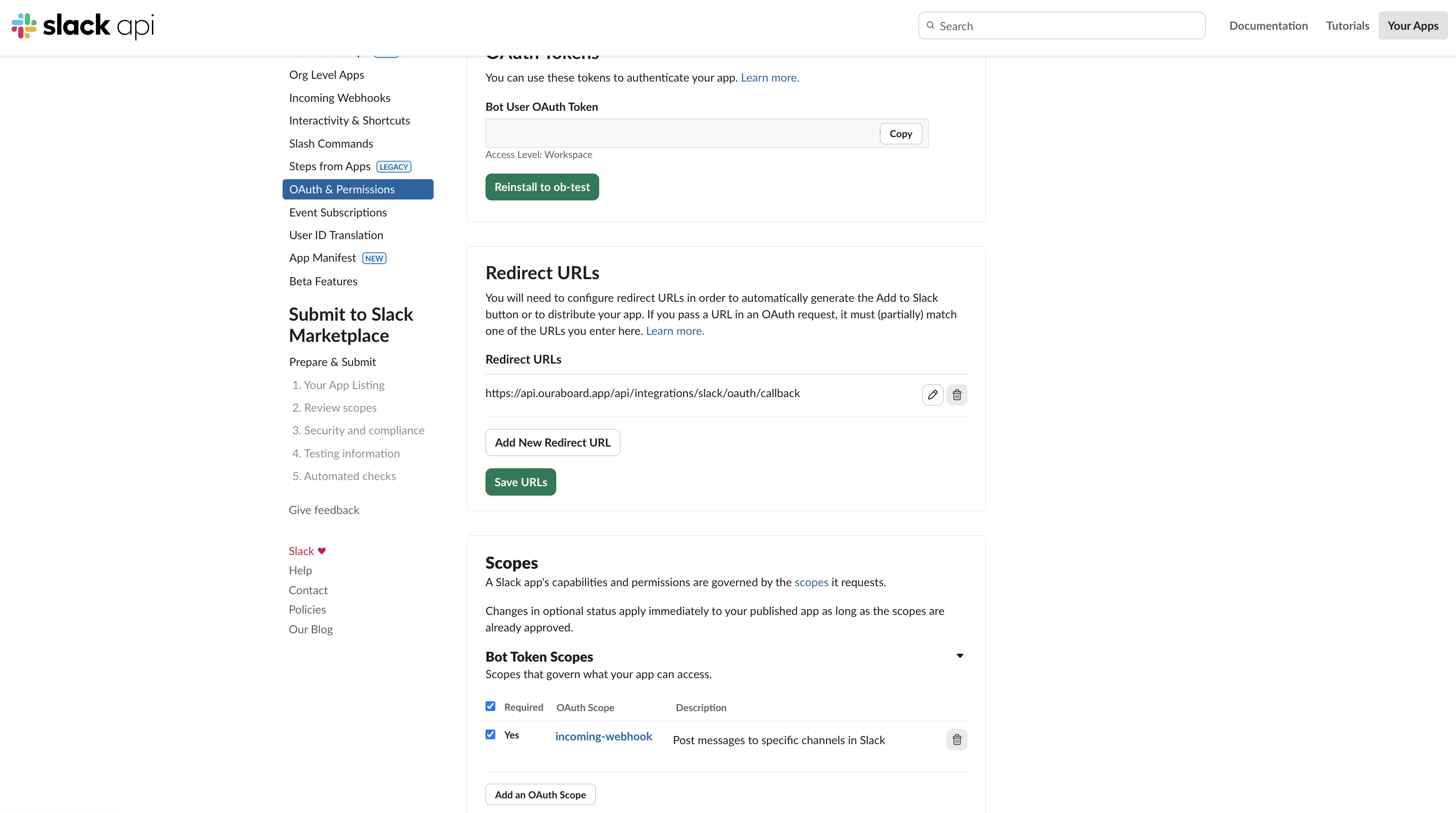 Slack app OAuth & Permissions page with Redirect URLs configured